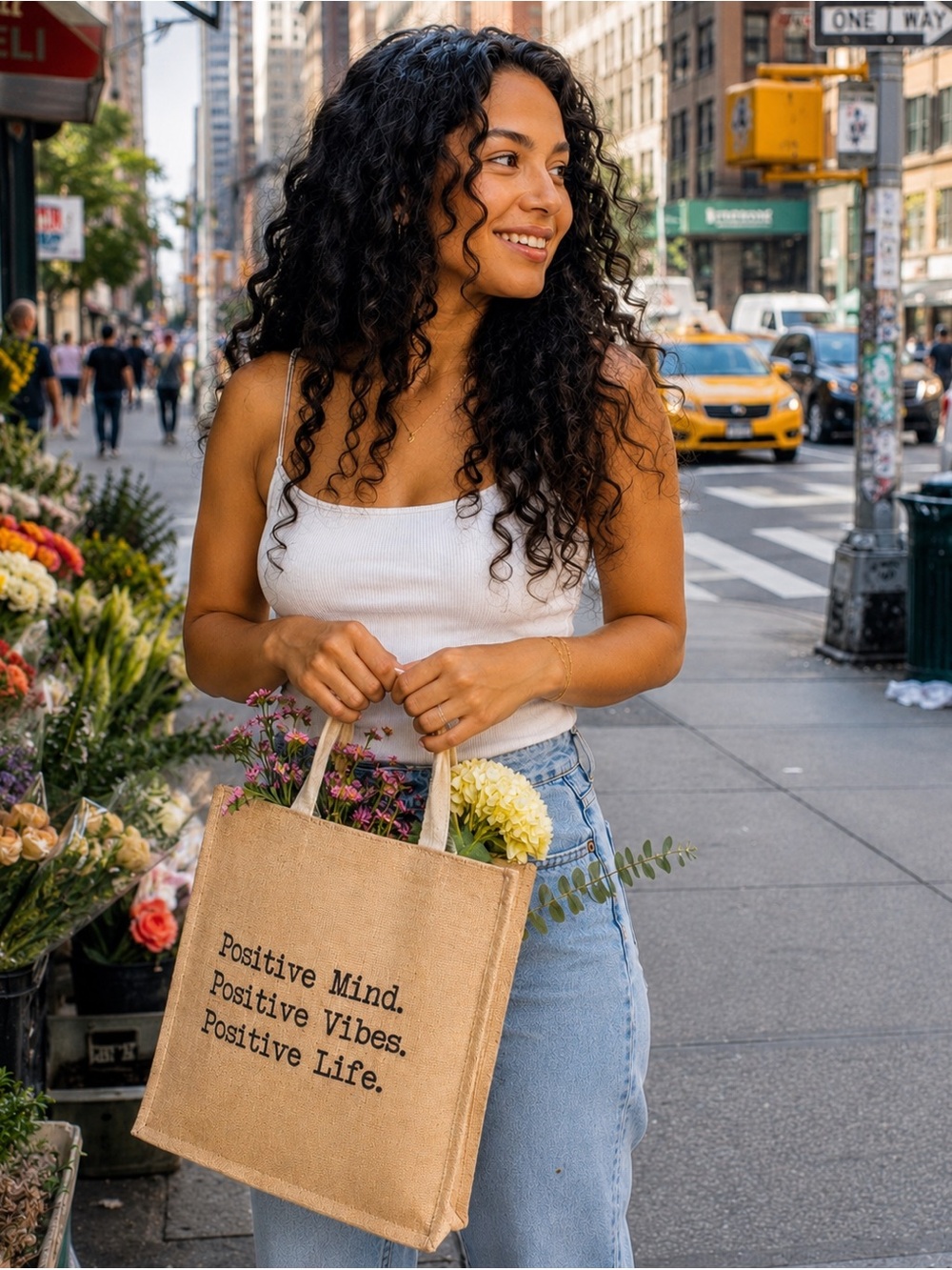 Positive Mind Positive Vibes Jute Market Tote Bag